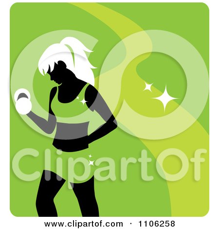 Clipart Green Fitness Avatar With A Woman Working Out Doing Bicep Curls With Dumbbells - Royalty Free Vector Illustration by Rosie Piter