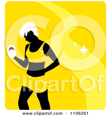 Clipart Yellow Fitness Avatar With A Woman Working Out Doing Bicep Curls With Dumbbells - Royalty Free Vector Illustration by Rosie Piter