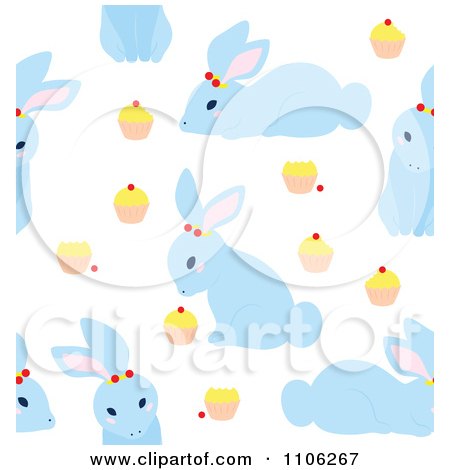 Clipart Seamless Blue Bunny Rabbit And Cupcake Background Pattern - Royalty Free Vector Illustration by Cherie Reve
