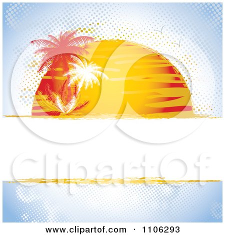 Clipart Grungy Halftone Summer Background With The Sun Setting On Blue With Palm Trees And Text Space - Royalty Free Vector Illustration by MilsiArt