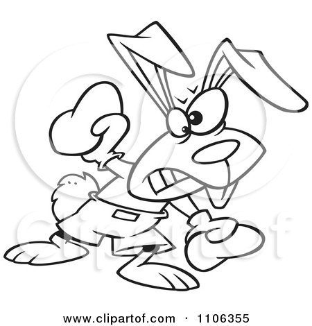 Clipart Outlined Boxer Bunny Rabbit Punching - Royalty Free Vector Illustration by toonaday
