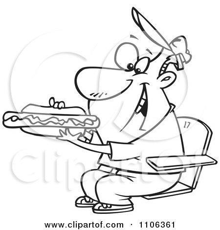 Clipart Outlined Sports Fan Man Eating A Hot Dog During A Game - Royalty Free Vector Illustration by toonaday