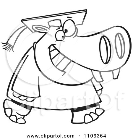 Clipart Outlined Graduate Hippo Walking And Smiling - Royalty Free Vector Illustration by toonaday