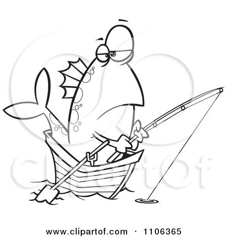Clipart Outlined Fish Fishing From A Boat - Royalty Free Vector Illustration by toonaday