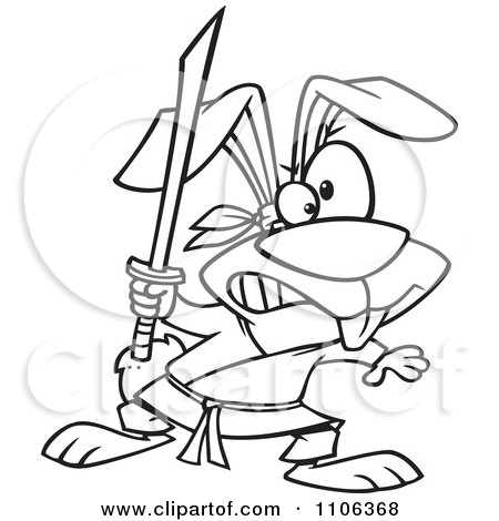 Clipart Outlined Ninja Rabbit With A Sword - Royalty Free Vector Illustration by toonaday