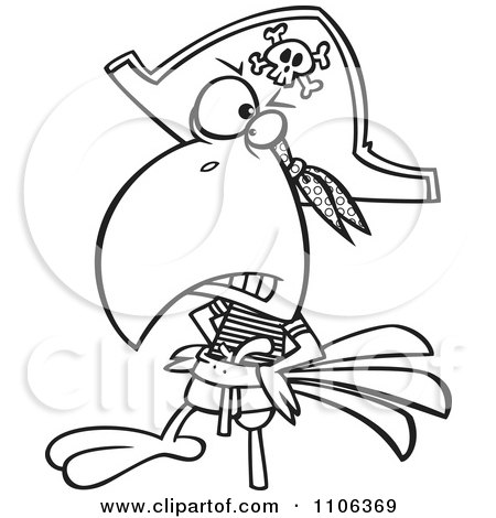 Clipart Outlined Goofy Pirate Parrot With A Peg Leg - Royalty Free Vector Illustration by toonaday