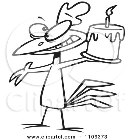 Clipart Outlined Happy Chicken Holding A Birthday Cake - Royalty Free Vector Illustration by toonaday