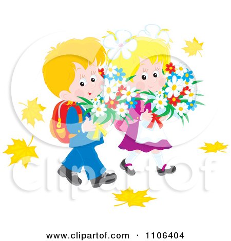Clipart Happy Blond School Boy And Girl Carrying Daisies And Walking In Autumn Leaves - Royalty Free Vector Illustration by Alex Bannykh