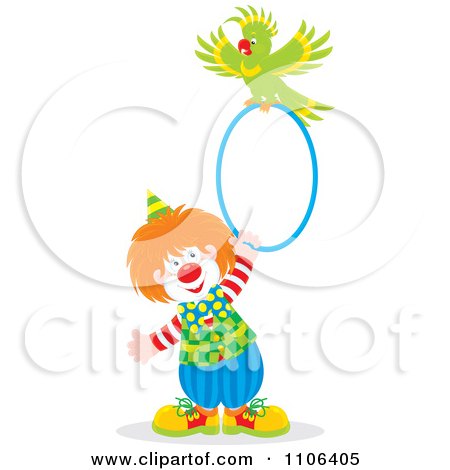 Clipart Circus Clown Holding A Hoop With A Parrot On Top - Royalty Free Vector Illustration by Alex Bannykh