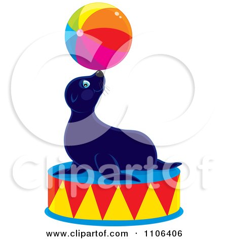 Clipart Cute Circus Sea Lion Balancing A Ball On His Nose On A Podium - Royalty Free Vector Illustration by Alex Bannykh
