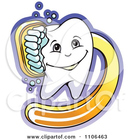 Clipart Happy Dental Tooth Being Scrubbed With A Yellow Brush - Royalty Free Vector Illustration by Vector Tradition SM
