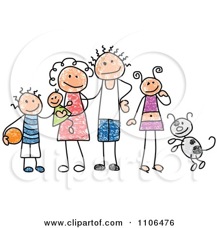 Clipart Stick Drawing Of A Happy White Family With Their Dog - Royalty Free Vector Illustration by C Charley-Franzwa