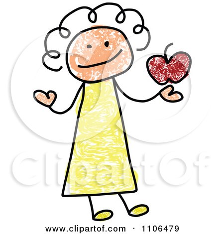 Clipart Stick Drawing Of A Happy Female Teacher Holding An Apple - Royalty Free Vector Illustration by C Charley-Franzwa