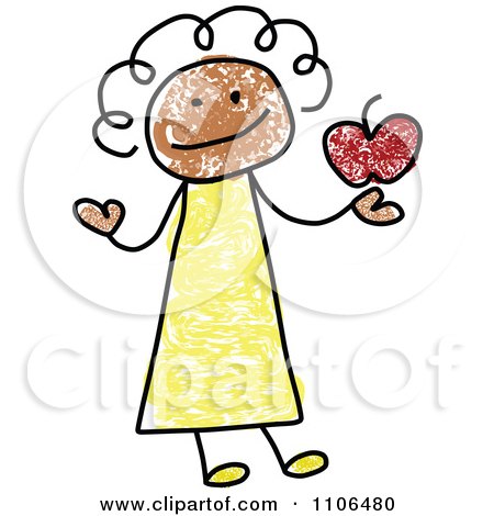 Clipart Stick Drawing Of A Happy Black Female Teacher Holding An Apple - Royalty Free Vector Illustration by C Charley-Franzwa
