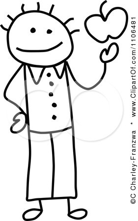 Clipart Black And White Stick Drawing Of A Happy Teacher Holding An Apple - Royalty Free Vector Illustration by C Charley-Franzwa