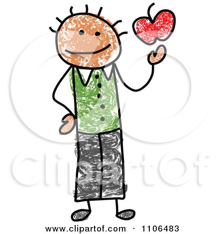 Clipart Stick Drawing Of A Happy Black Male Teacher Holding An Apple - Royalty Free Vector Illustration by C Charley-Franzwa