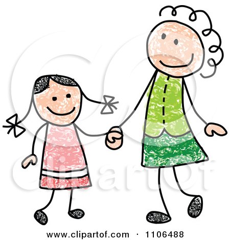 Clipart Stick Drawing Of A Happy White Mother And Daughter Holding Hands - Royalty Free Vector Illustration by C Charley-Franzwa