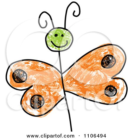 Clipart Stick Drawing Of A Happy Orange Butterfly - Royalty Free Vector Illustration by C Charley-Franzwa