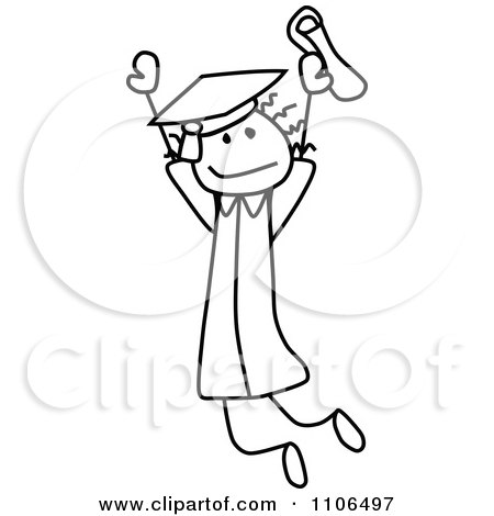 Clipart Black And White Stick Drawing Of A Happy Graduate Girl Jumping - Royalty Free Vector Illustration by C Charley-Franzwa