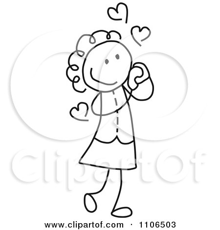 Clipart Black And White Stick Drawing Of A Girl In Love - Royalty Free Vector Illustration by C Charley-Franzwa