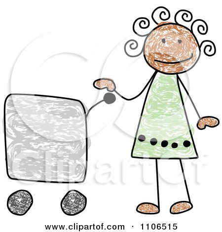 Clipart Stick Drawing Of A Happy Black Girl With A Shopping Cart - Royalty Free Vector Illustration by C Charley-Franzwa
