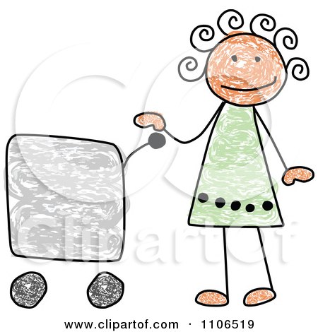 Clipart Stick Drawing Of A Happy Hispanic Girl With A Shopping Cart - Royalty Free Vector Illustration by C Charley-Franzwa