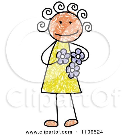 Clipart Stick Drawing Of A Happy Girl Holding Flowers - Royalty Free Vector Illustration by C Charley-Franzwa