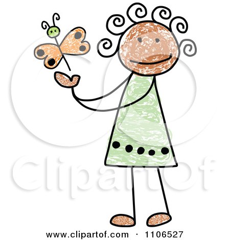 Clipart Stick Drawing Of A Happy Black Girl Playing With A Butterfly - Royalty Free Vector Illustration by C Charley-Franzwa