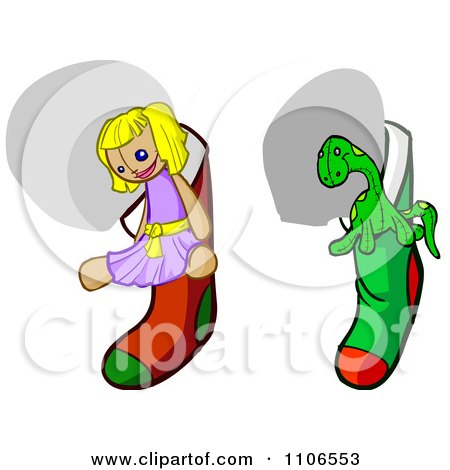 Clipart Doll And Dinosaur In Christmas Stockings - Royalty Free Vector Illustration by Cartoon Solutions