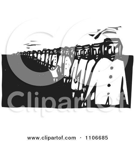 Clipart People Waiting In A Long Line Black And White Woodcut - Royalty Free Vector Illustration by xunantunich