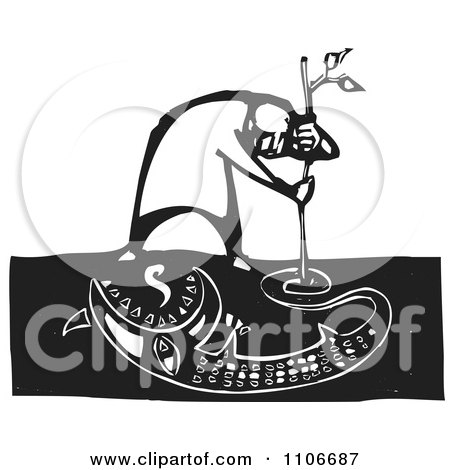Clipart Man Drawing A Monster In The Dirt With A Stick Black And White Woodcut - Royalty Free Vector Illustration by xunantunich