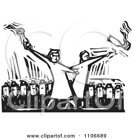 Clipart Security Guards In A Row Behind People Partying With Alcohol Black And White Woodcut - Royalty Free Vector Illustration by xunantunich