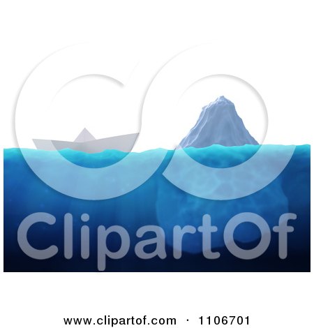 Clipart 3d Paper Boat Floating Heading Near An Iceberg - Royalty Free CGI Illustration by Mopic