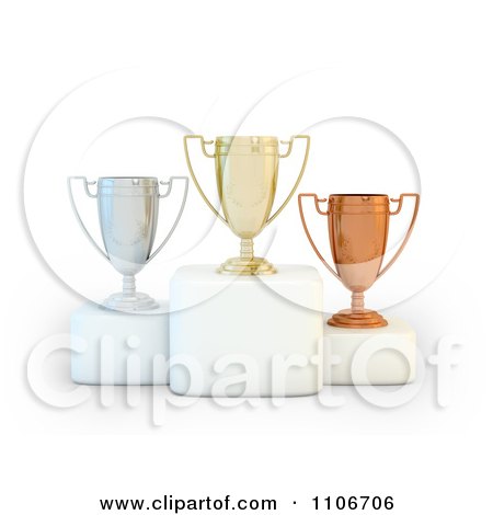 Clipart 3d Gold Silver And Bronze Placement Trophy Cups On Pedestals - Royalty Free CGI Illustration by Mopic