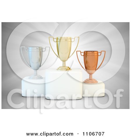 Clipart 3d Gold Silver And Bronze Placement Trophy Cups On Pedestals Over Rays - Royalty Free CGI Illustration by Mopic