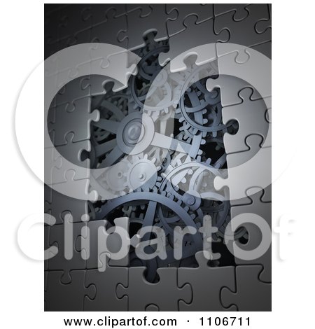 Clipart 3d Metal Puzzle Pieces Revealing Steel Gear Gogs - Royalty Free CGI Illustration by Mopic