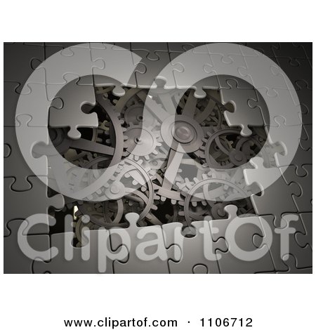 Clipart 3d Metal Puzzle Pieces Revealing Gear Gogs - Royalty Free CGI Illustration by Mopic