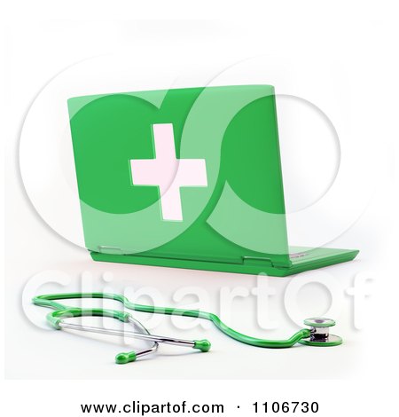 Clipart 3d Green Medical Health Care Laptop Computer And Stethoscope - Royalty Free CGI Illustration by Mopic