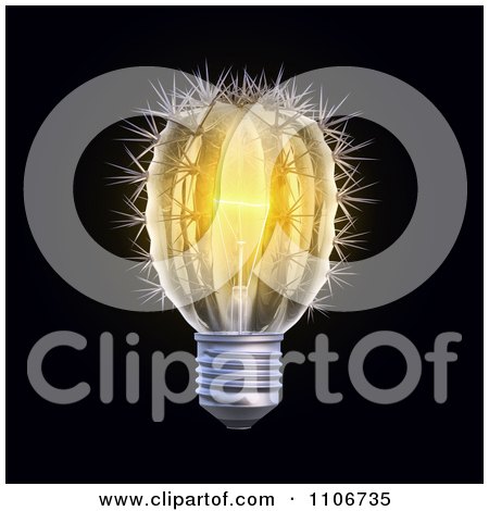 Clipart Illuminated Cactus Light Bulb On Black - Royalty Free CGI Illustration by Mopic