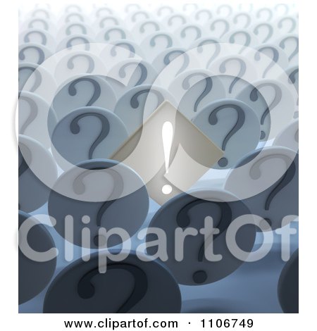 Clipart 3d Illuminated Exclamation Point In A Crowd Of Question Marks - Royalty Free CGI Illustration by Mopic