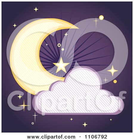 Clipart Crescent Moon And Cloud With A Line Pattern Over Purple With Stars - Royalty Free Vector Illustration by Amanda Kate
