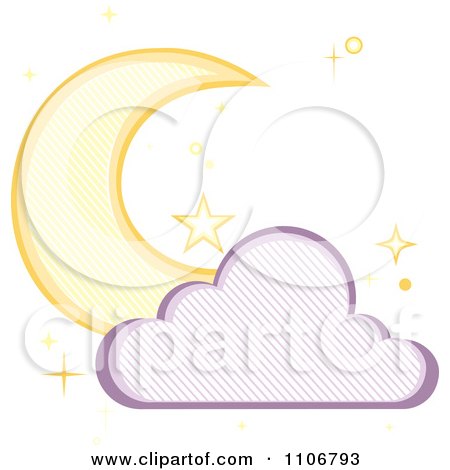 Clipart Crescent Moon And Cloud With A Line Pattern And Stars On White - Royalty Free Vector Illustration by Amanda Kate