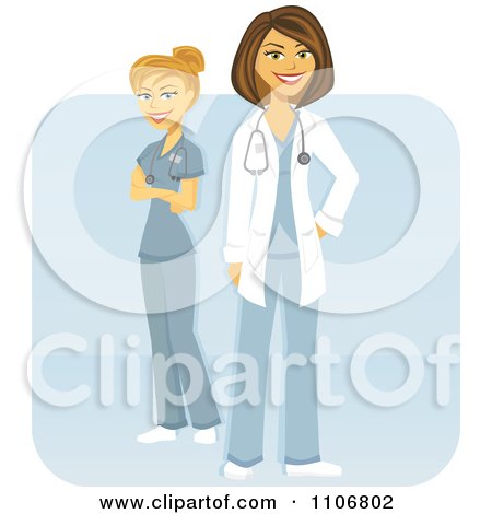 Clipart Happy Female Doctors Posing Over A Blue Square - Royalty Free Vector Illustration by Amanda Kate