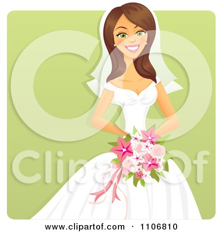Clipart Happy Brunette Bride Holding A Pink Bouquet Over A Green Square - Royalty Free Vector Illustration by Amanda Kate
