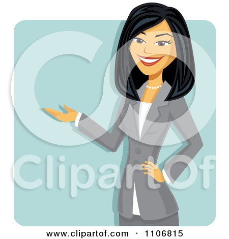 Clipart Happy Presenting Professional Asian Business Woman Over A Blue Square - Royalty Free Vector Illustration by Amanda Kate