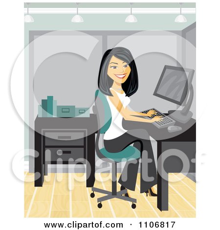 Clipart Happy Asian Businesswoman Working At A Desk In Her Office - Royalty Free Vector Illustration by Amanda Kate