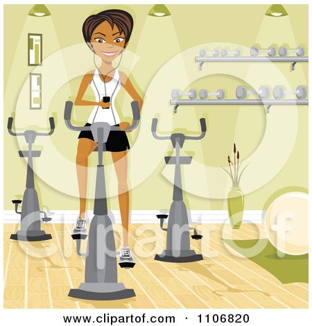 Clipart Happy Hispanic Woman Using Her Mp3 Player While Using A Spin Bike At The Gym - Royalty Free Vector Illustration by Amanda Kate