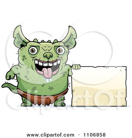 Clipart Pudgy Green Gremlin With A Sign - Royalty Free Vector Illustration by Cory Thoman