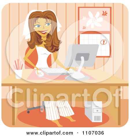 Clipart Happy Bride Wearing Her Veil And Pajamas And Shopping Online - Royalty Free Vector Illustration by Amanda Kate