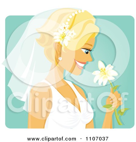 Clipart Happy Blond Bride Smelling A Flower Over Turquoise - Royalty Free Vector Illustration by Amanda Kate